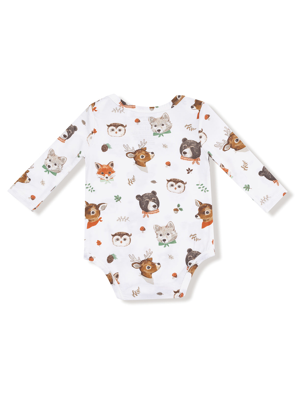 White baby onesie with cute animal prints including a deer, bear, fox, owl, and other woodland creatures.