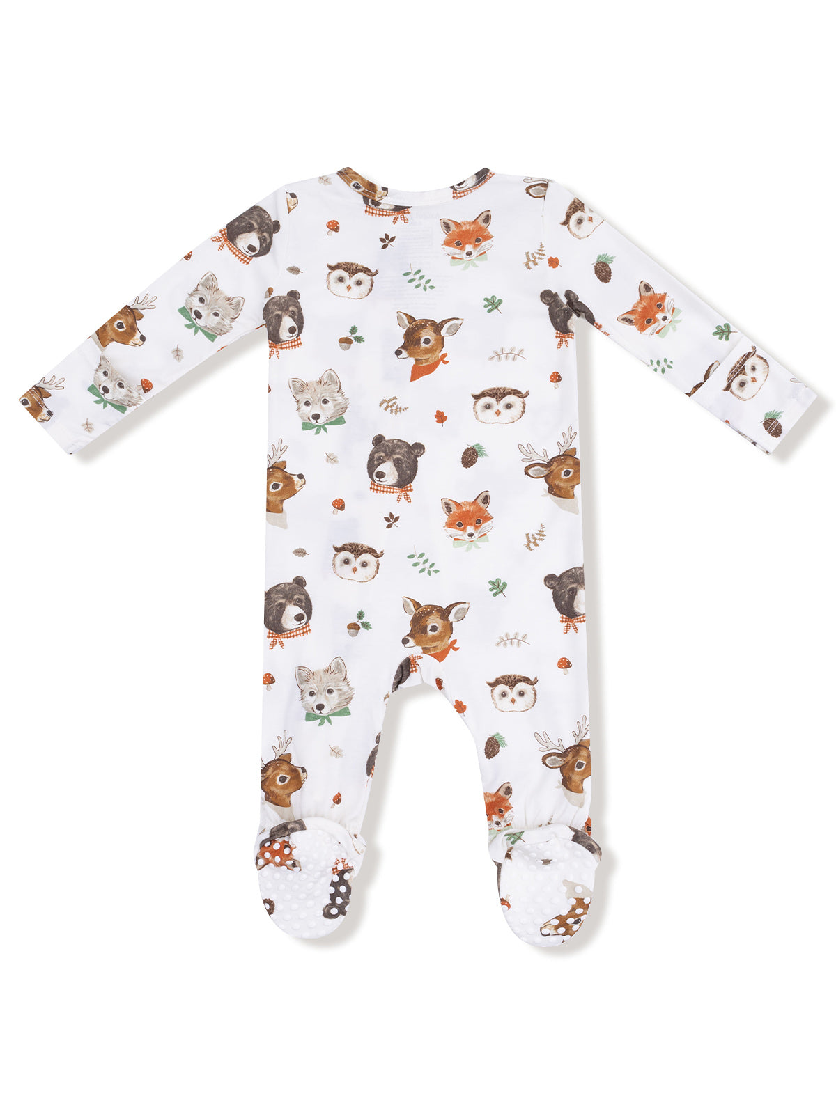 White onesie with animal print, featuring bears, foxes, owls, and deer, designed for infants.