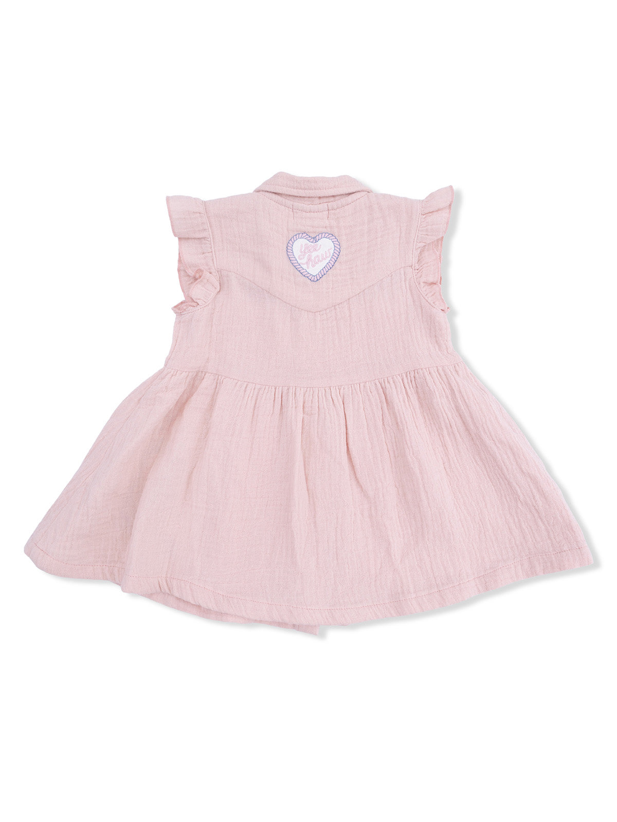 Pink dress with ruffled sleeves and heart embroidery on the back.