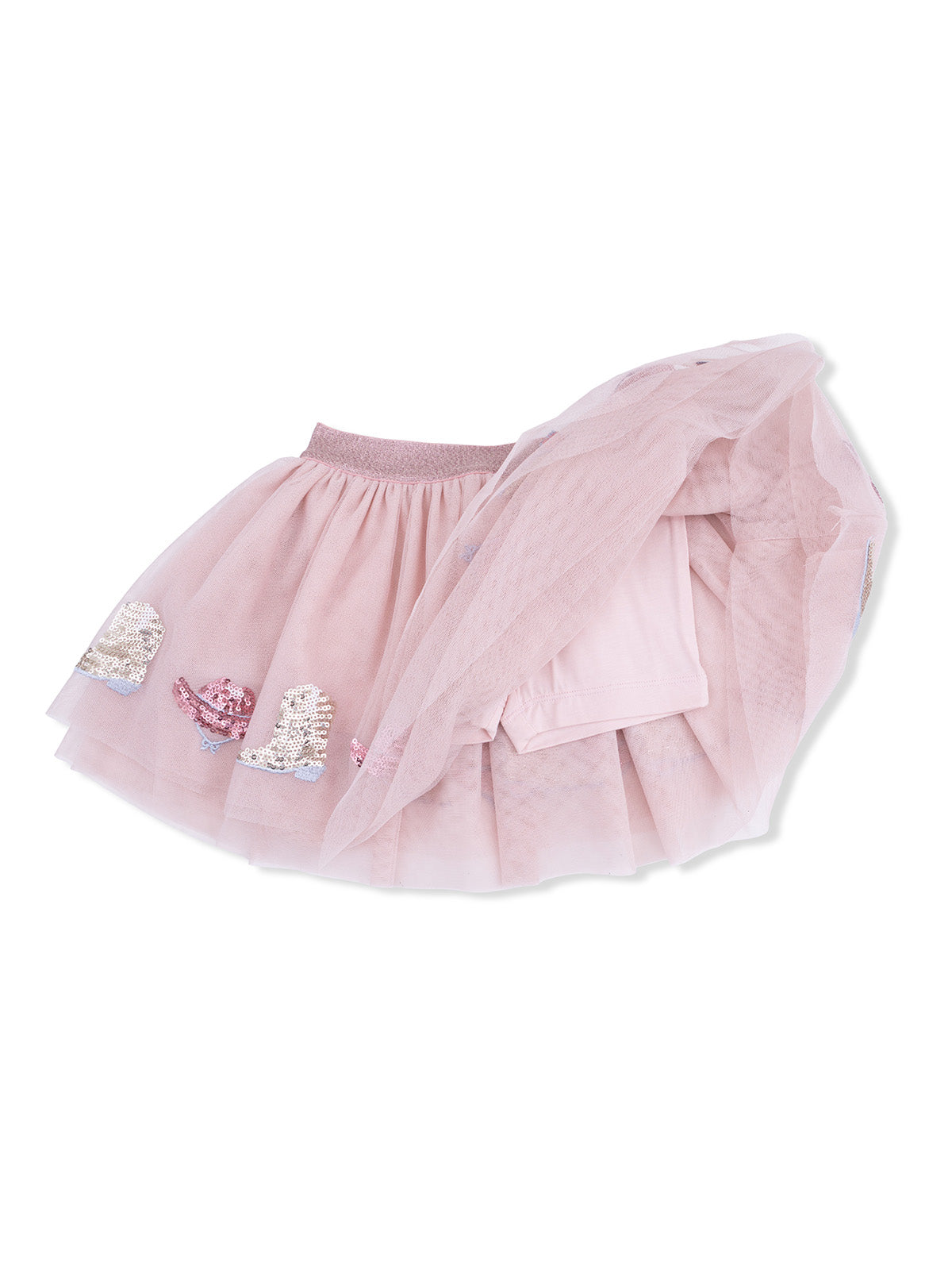 Pink tulle skirt with sequined embellishments, featuring a soft waistband and layered design.