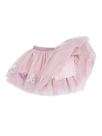Pink tulle skirt with sequined embellishments, featuring a soft waistband and layered design.