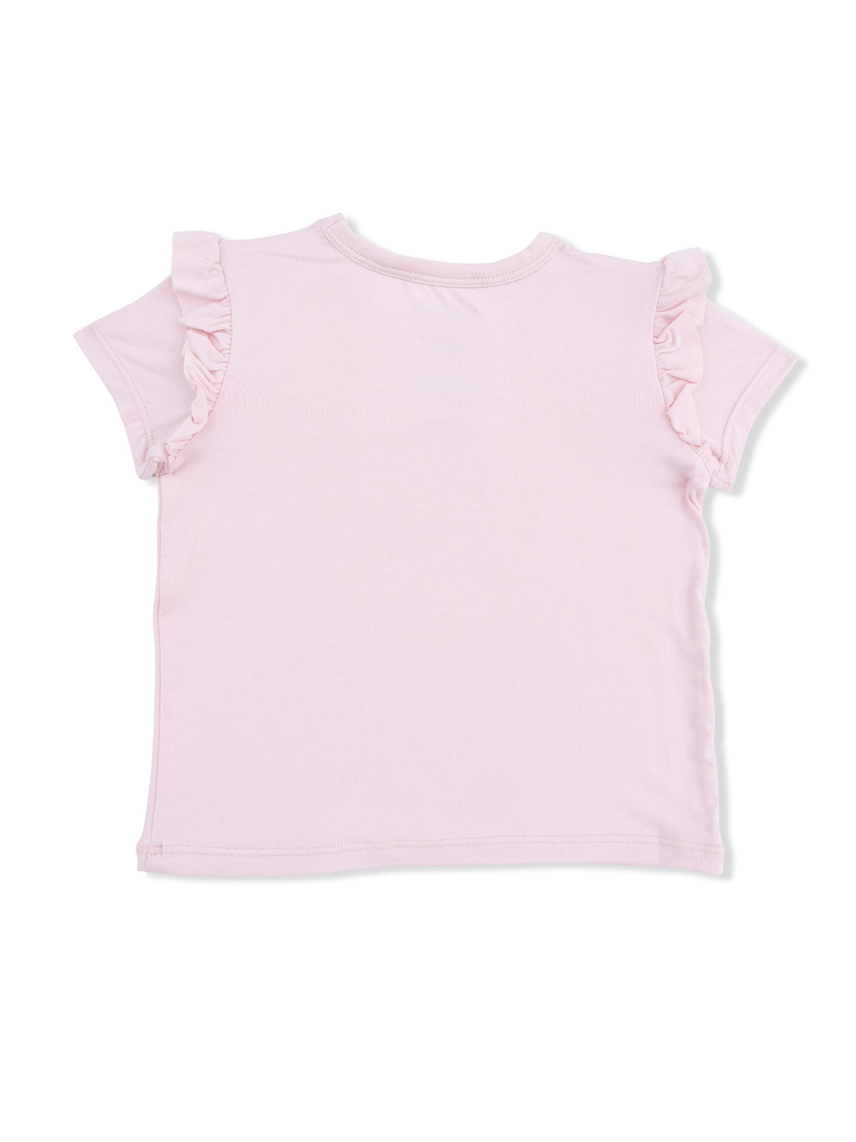 Pink short-sleeve t-shirt with ruffled sleeves, viewed from the back.