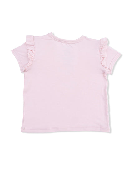 Pink short-sleeve t-shirt with ruffled sleeves, viewed from the back.