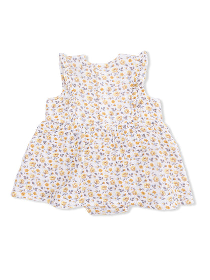 Floral-patterned white dress with ruffled sleeves and a gathered waist for girls.