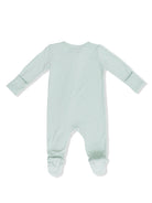 Light green baby onesie with long sleeves and dotted foot grips, shown from the back.