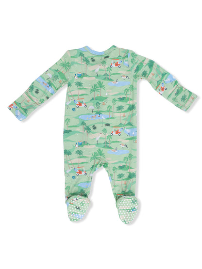 Green toddler onesie featuring playful animal and vehicle prints, perfect for bedtime or playtime.