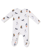 White baby onesie featuring playful dog prints in various sports outfits, with footed bottoms and long sleeves.