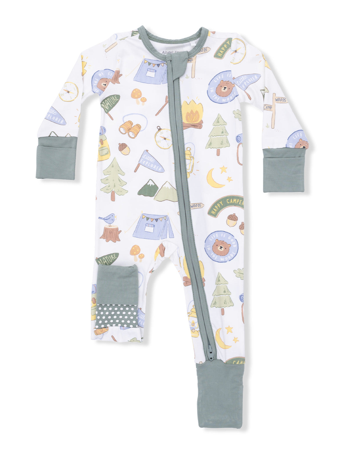 Infant onesie with camping-themed patterns including tents, trees, and wildlife, featuring a front zipper and cuffed sleeves.