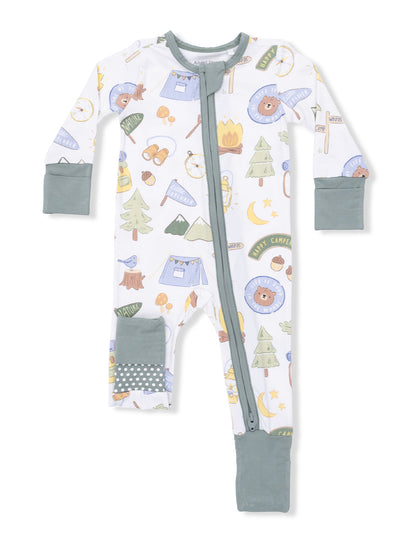 Infant onesie with camping-themed patterns including tents, trees, and wildlife, featuring a front zipper and cuffed sleeves.