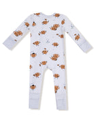 Light gray long-sleeve onesie with playful illustrated brown cartoon characters and polka-dot details on the cuffs.