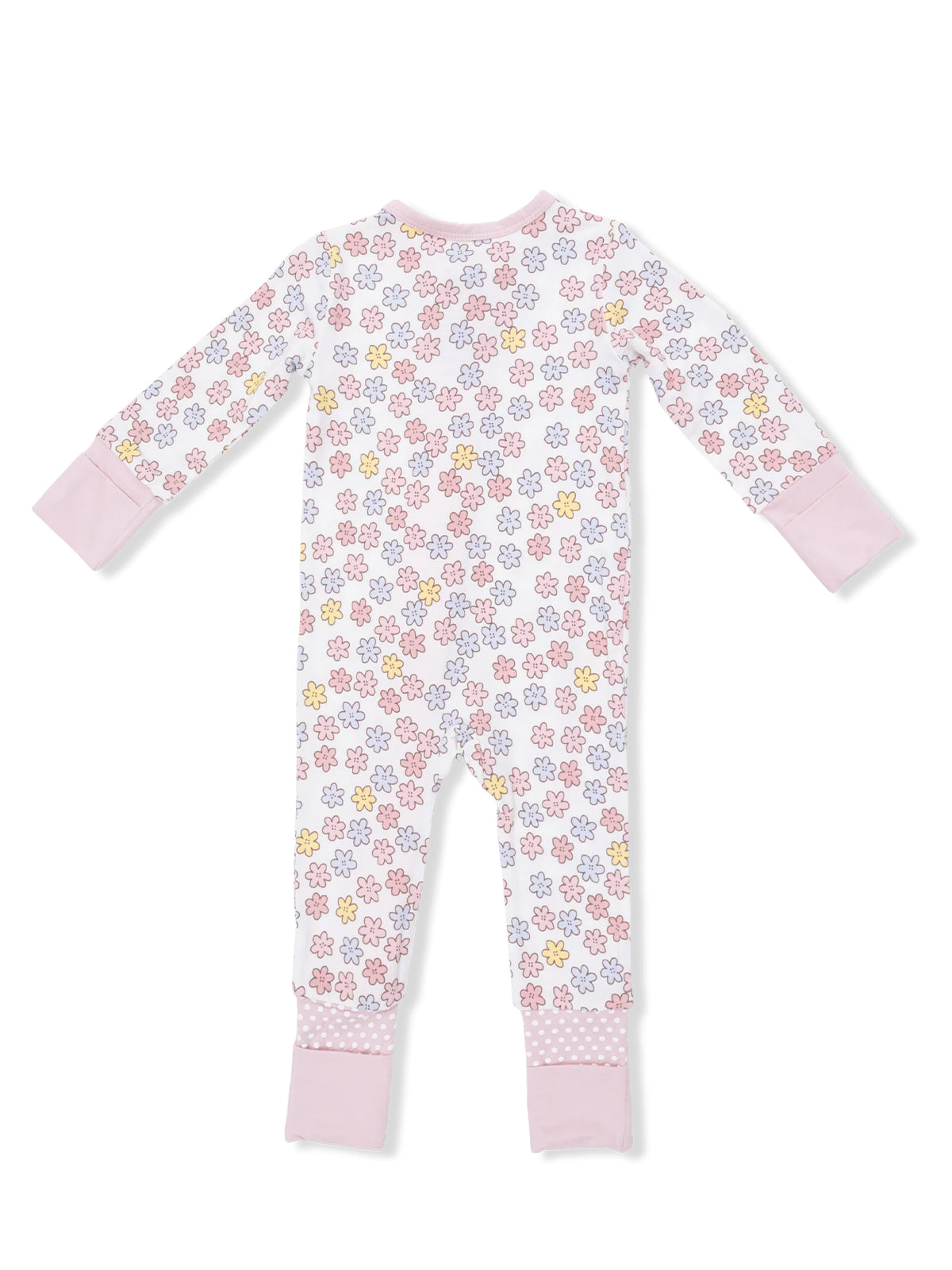 Back view of a floral-patterned baby onesie with pink cuffs and footies.