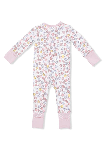 Back view of a floral-patterned baby onesie with pink cuffs and footies.