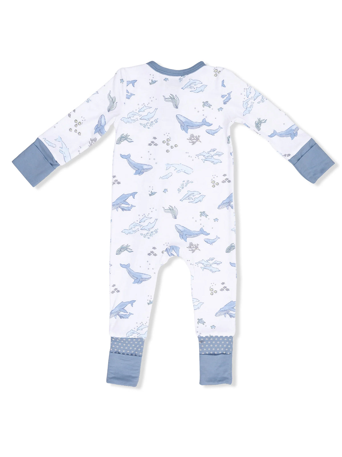 White baby onesie with blue marine animal prints and contrasting blue cuffs. Back view.