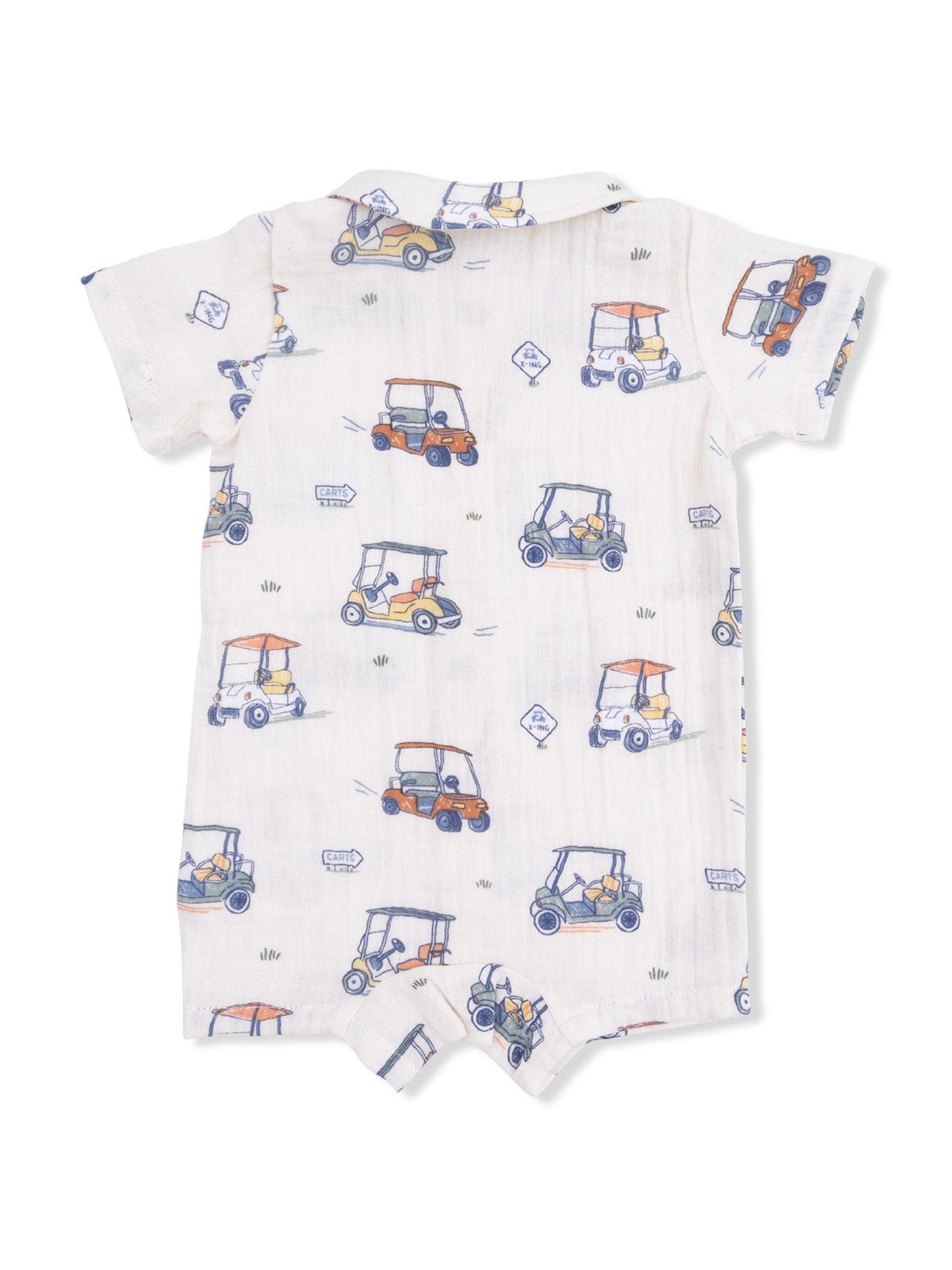 Back view of a children's romper printed with colorful golf carts on a light background.
