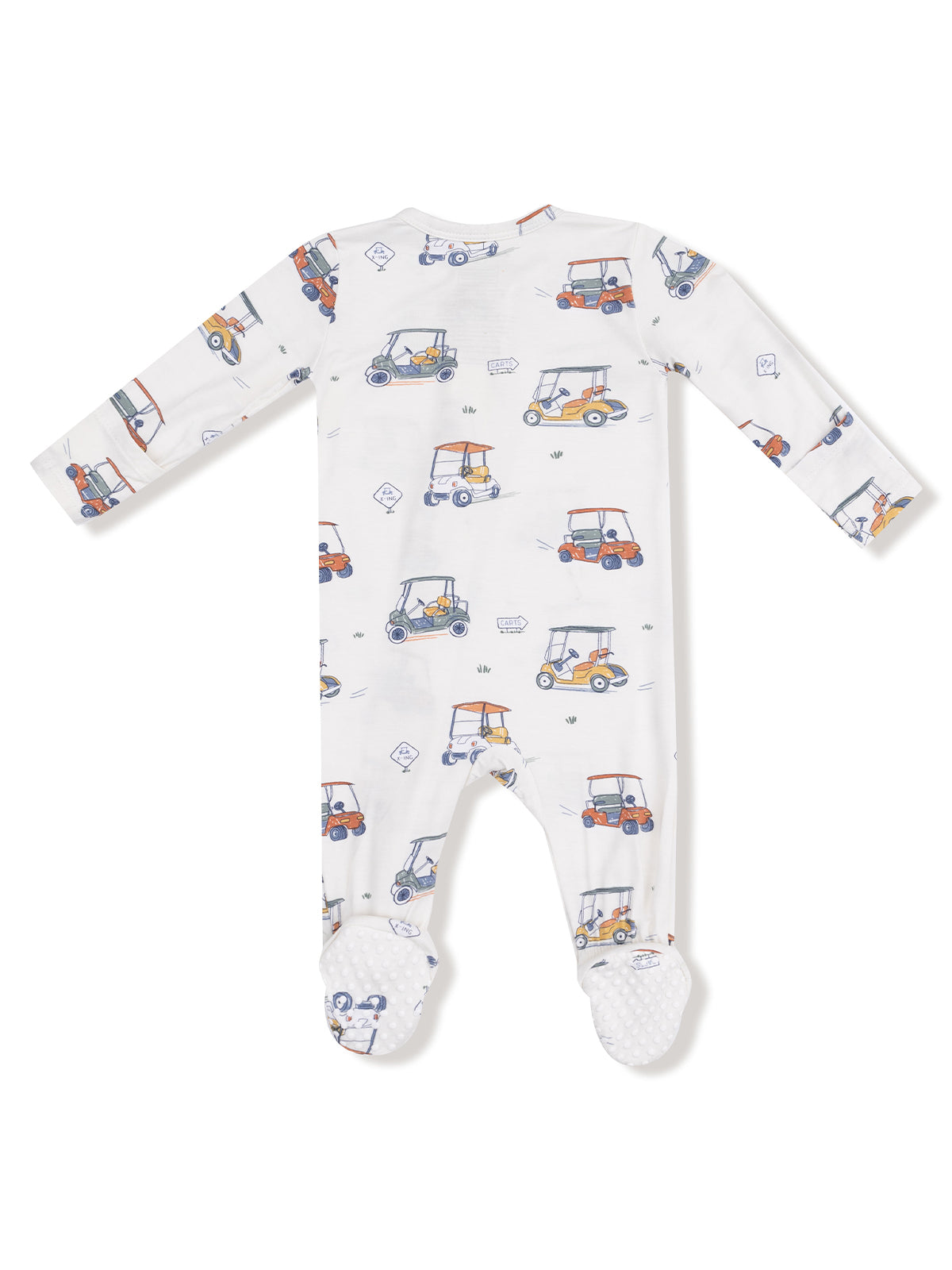 White infant onesie featuring colorful golf cart prints and non-slip soles. Ideal for comfort and playtime.
