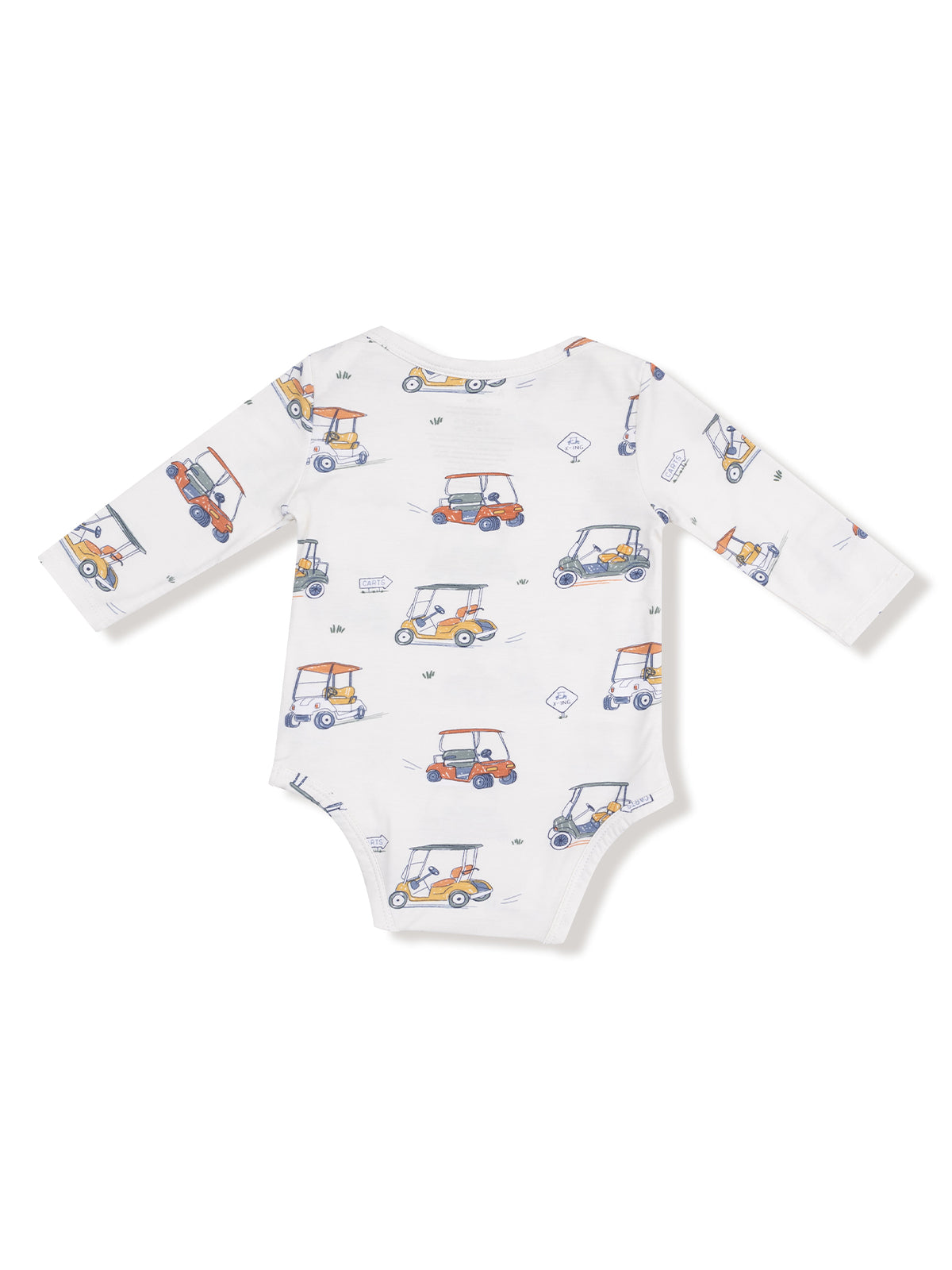 White baby onesie with long sleeves featuring a playful golf cart print.