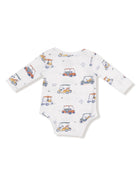 White baby onesie with long sleeves featuring a playful golf cart print.