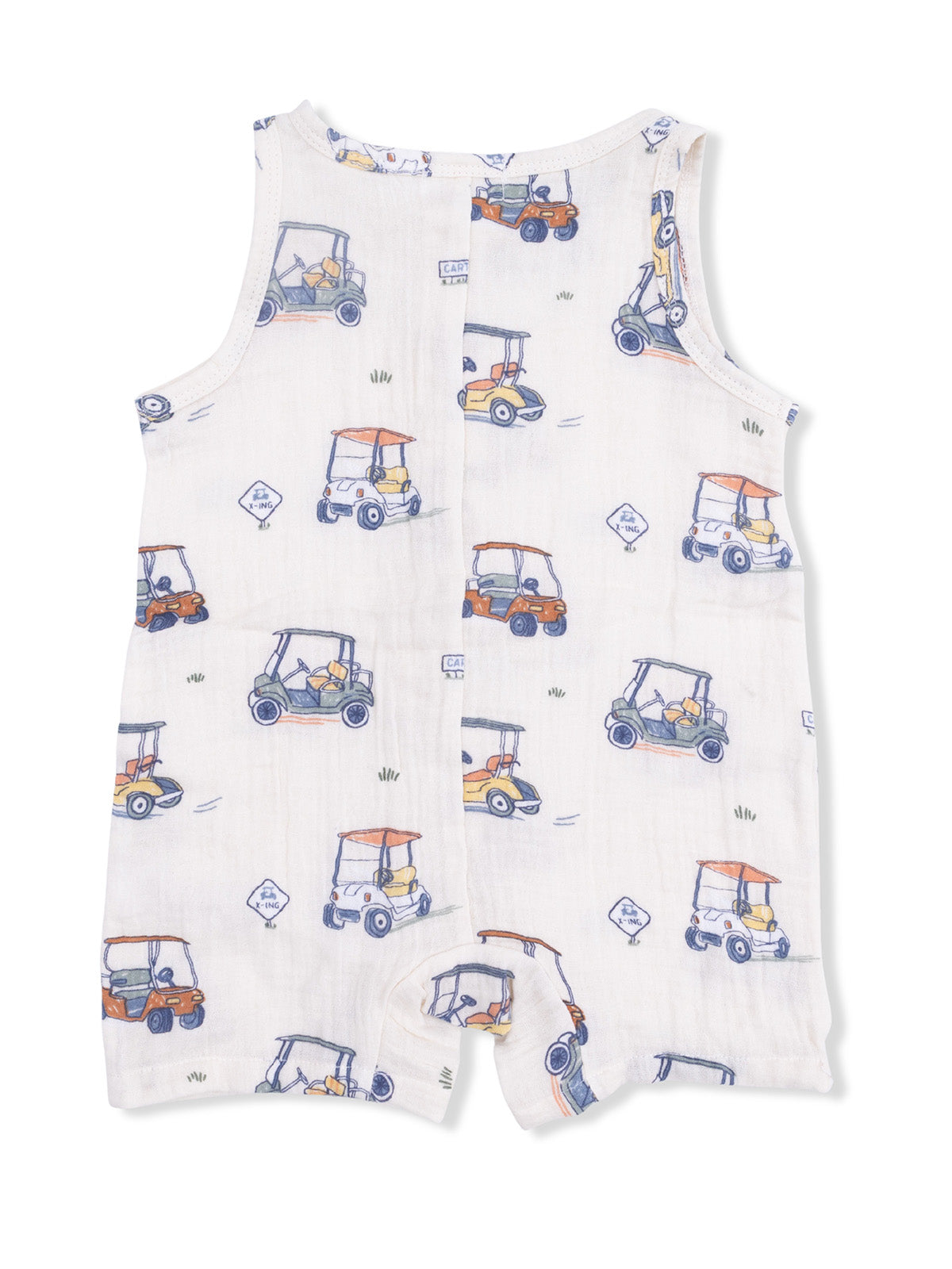 White romper with colorful golf cart patterns on a soft fabric background. Ideal for casual play.