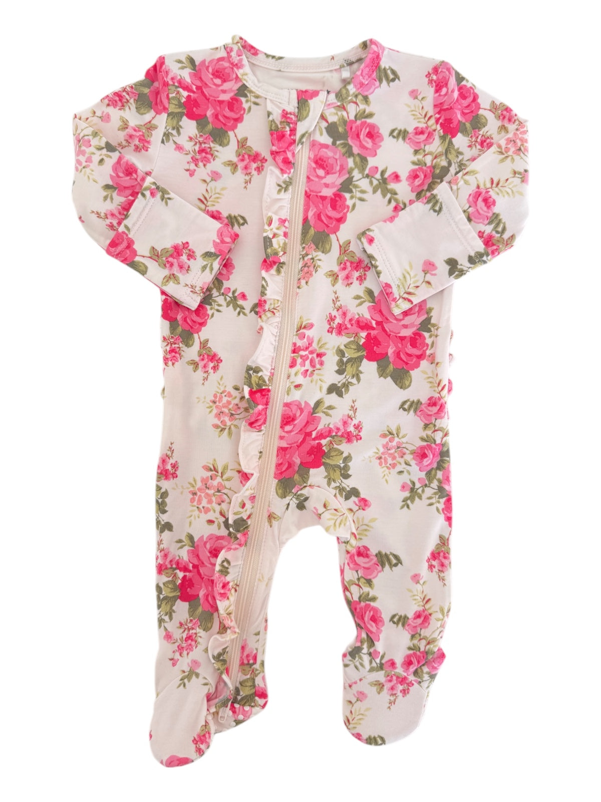 Floral-patterned baby onesie featuring pink roses on a cream background with a front zipper and ruffled detailing.