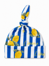Blue and white striped beanie with lemon print and the word "Limone" in yellow text.