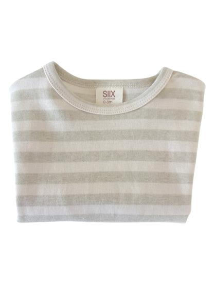 Light gray striped baby shirt folded, featuring a round neckline and label indicating size 0-3 months.