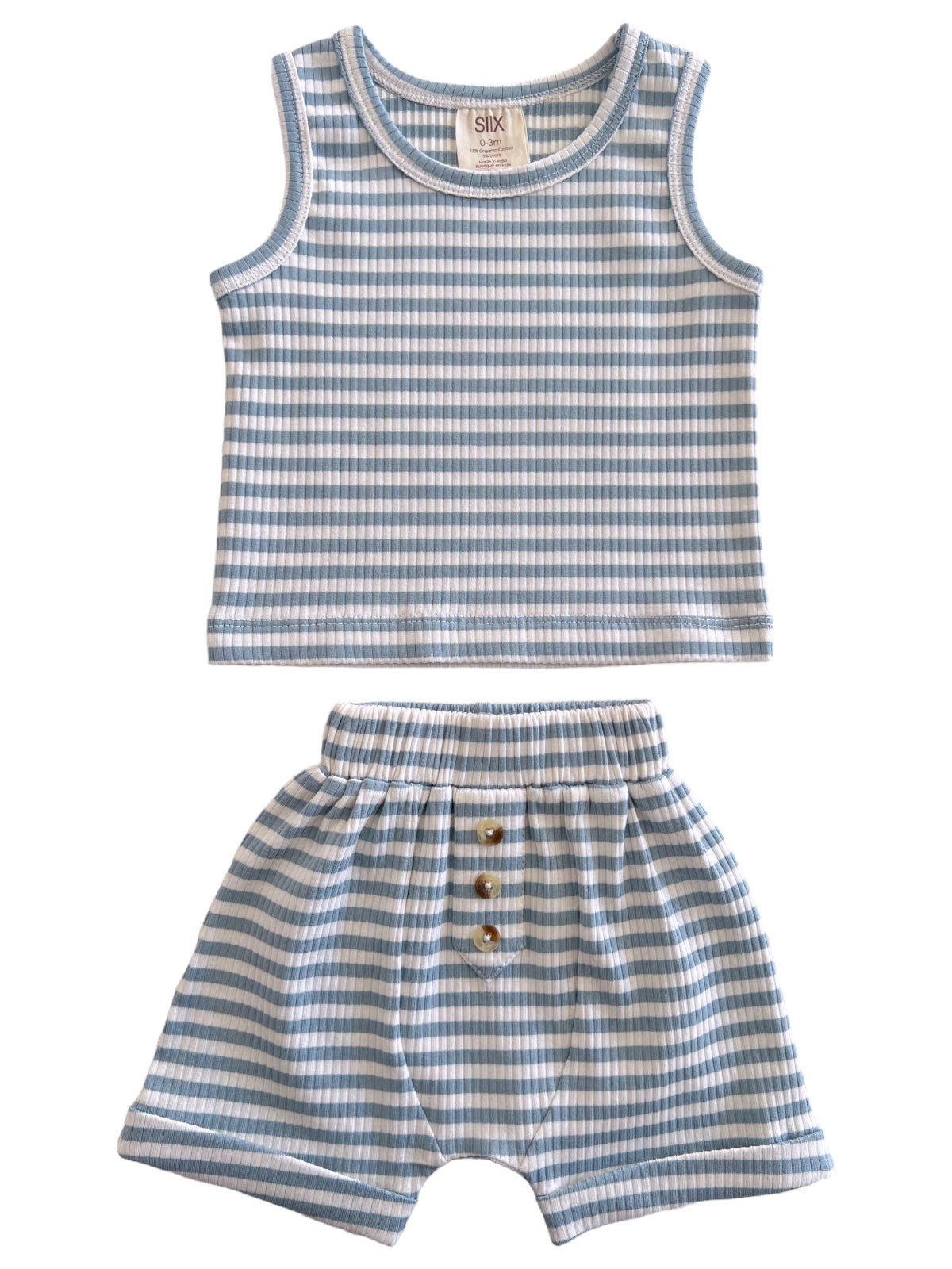 Blue and white striped infant outfit featuring a tank top and matching shorts with button details.