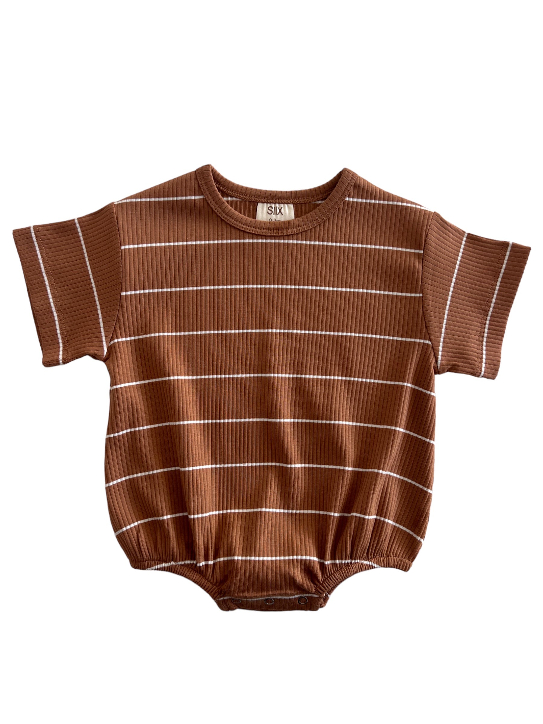Brown striped baby romper with short sleeves and snap closures, ideal for casual wear.
