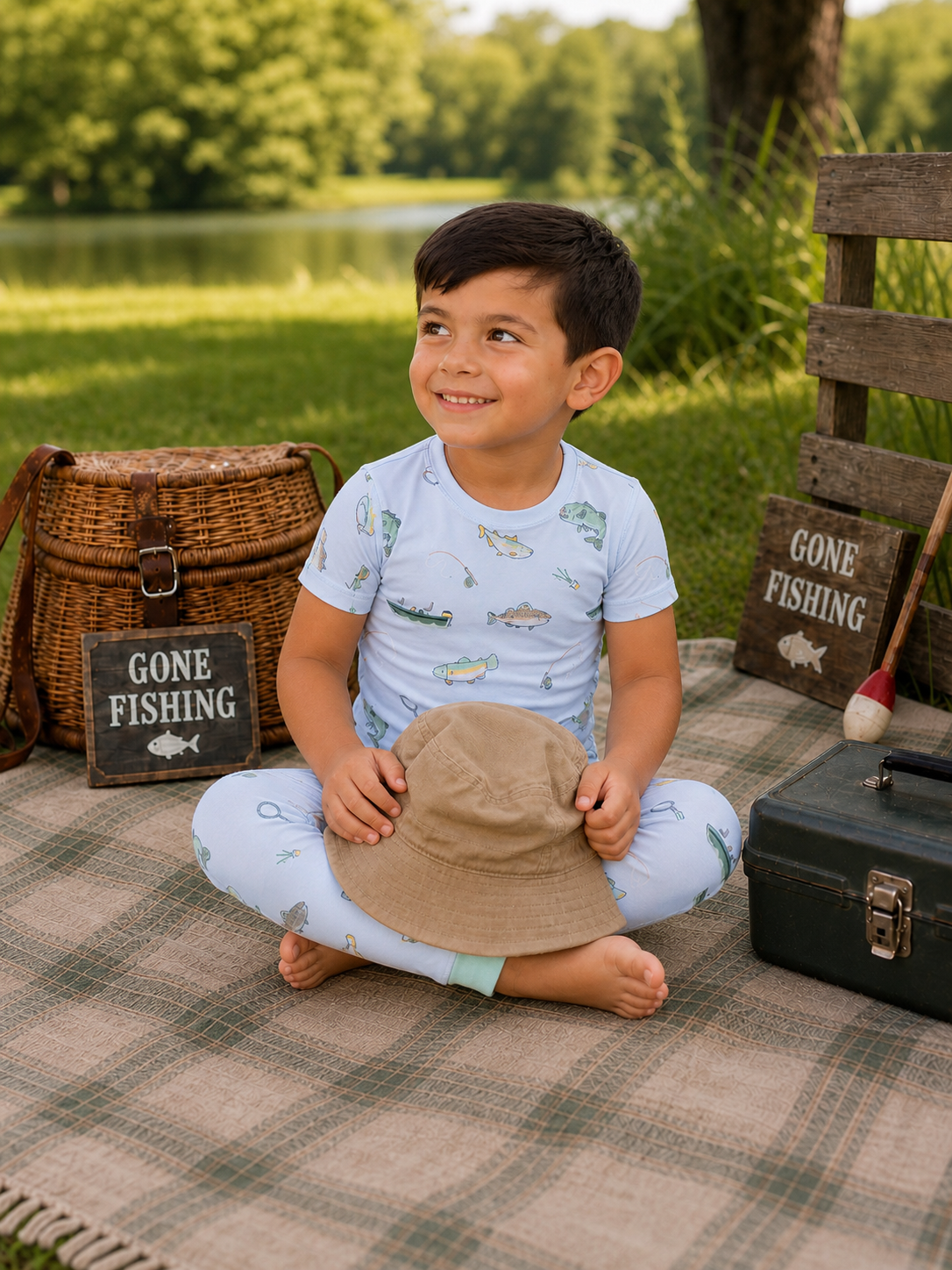 Smiling boy in light fishing-themed outfit sitting on a blanket by a lake, holding a hat with fishing gear nearby.