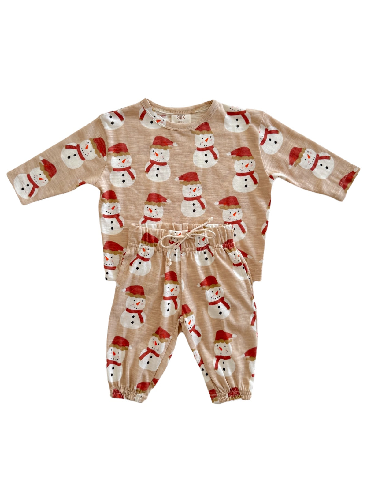 Beige children's outfit with snowman print, featuring a long-sleeve top and elastic waist pants.