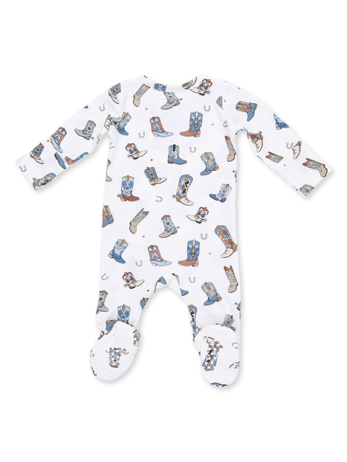 White baby onesie with colorful cowboy boots and horseshoe patterns. Ideal for a playful, country-themed outfit.
