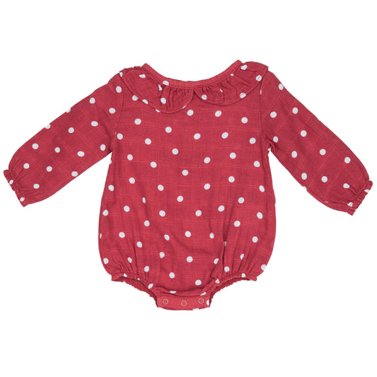 Muslin Ruffle Collar Bubble Bodysuit, Red Polka Dot