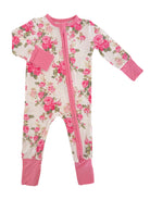 Floral-patterned children's onesie in white, pink rose design, with pink trim and zipper front.