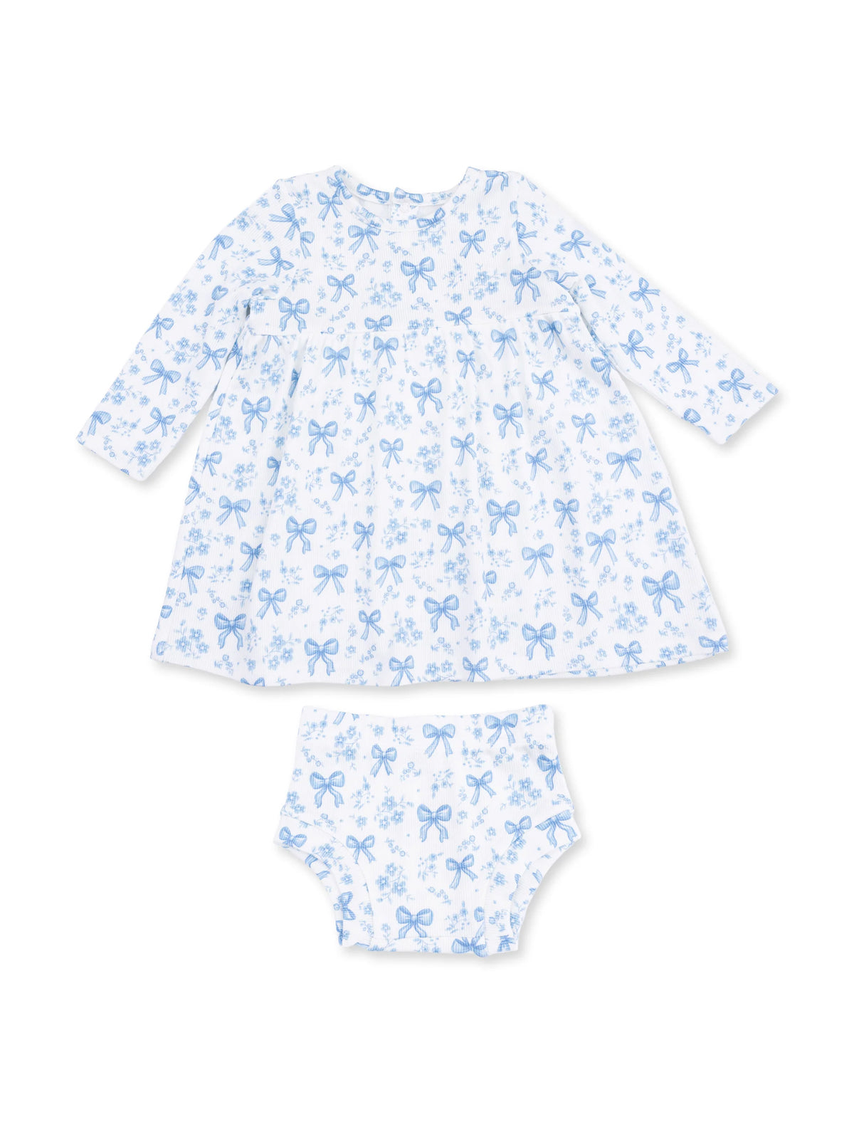 Ribbed Simple Dress & Bloomer, Blue Bows and Flowers