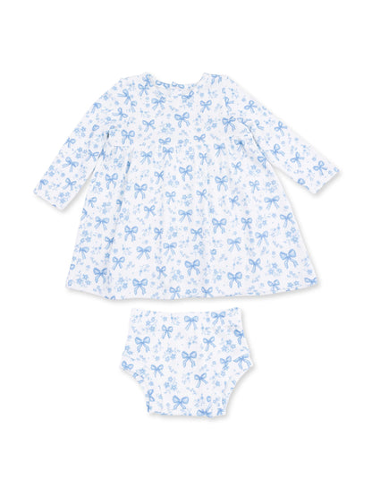 Ribbed Simple Dress & Bloomer, Blue Bows and Flowers