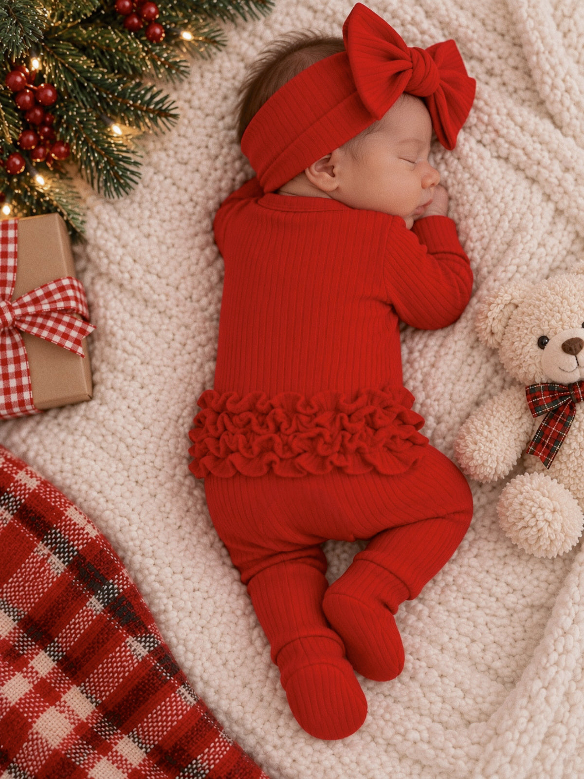 Infant sleeping in red outfit and bow, surrounded by holiday decorations, teddy bear, and plush blanket.
