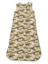 Camouflage-patterned sleep sack for toddlers, featuring a sleeveless design and zip closure.