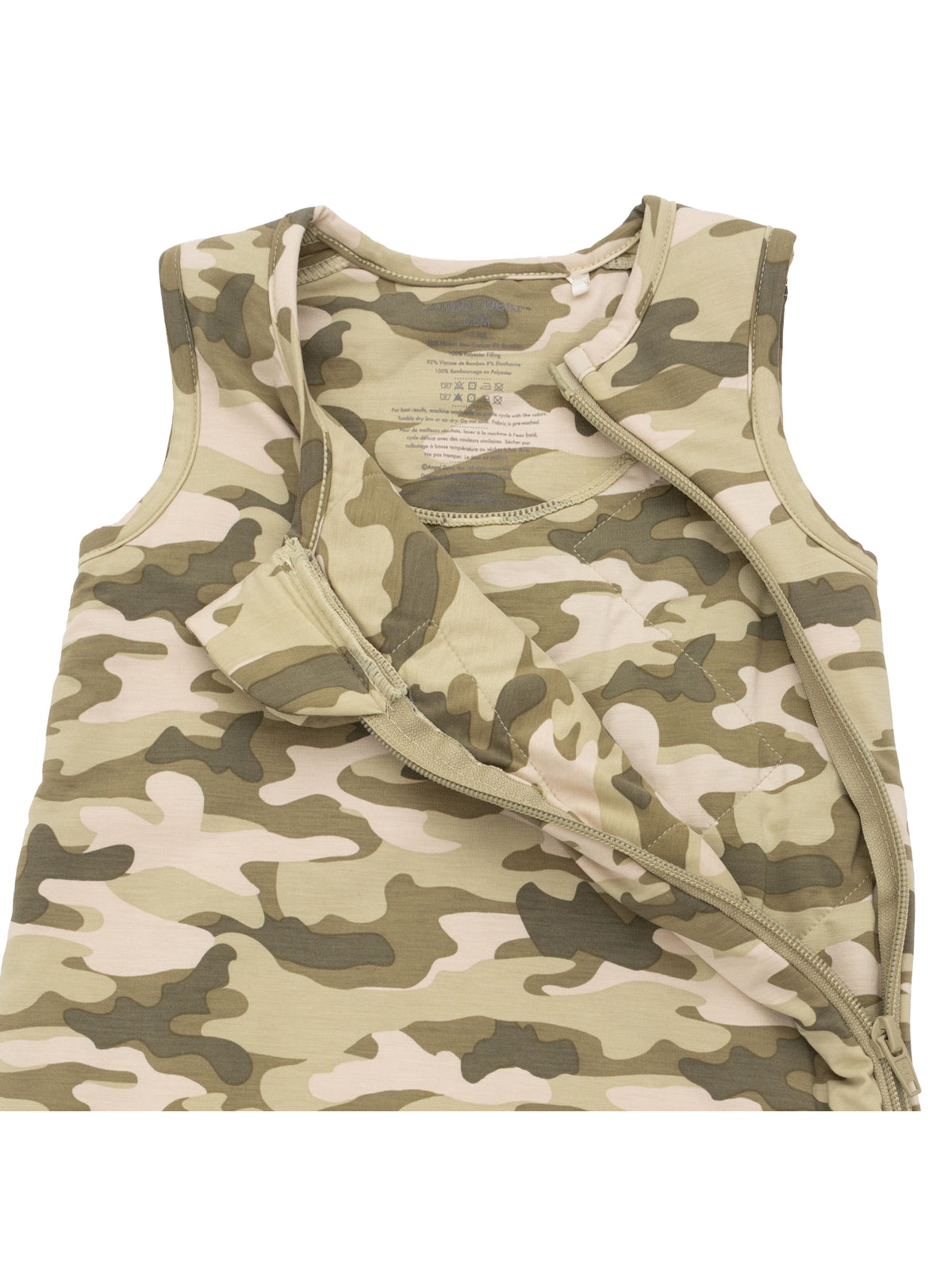 Tan and green camouflage sleeveless top with a zipper, featuring a round neck and soft fabric.