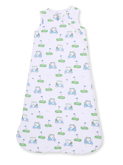 White sleeveless sleep sack with a playful golf cart and flag pattern in green and blue.
