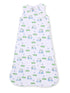 White sleeveless sleep sack with a playful golf cart and flag pattern in green and blue.