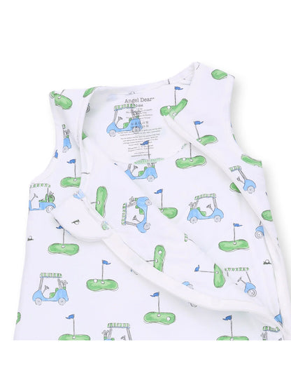 White sleeveless onesie with green golf course and cart patterns, ideal for infants aged 0-6 months.