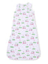 White sleeping bag with pink golf cart and grass illustrations, ideal for infants and toddlers.