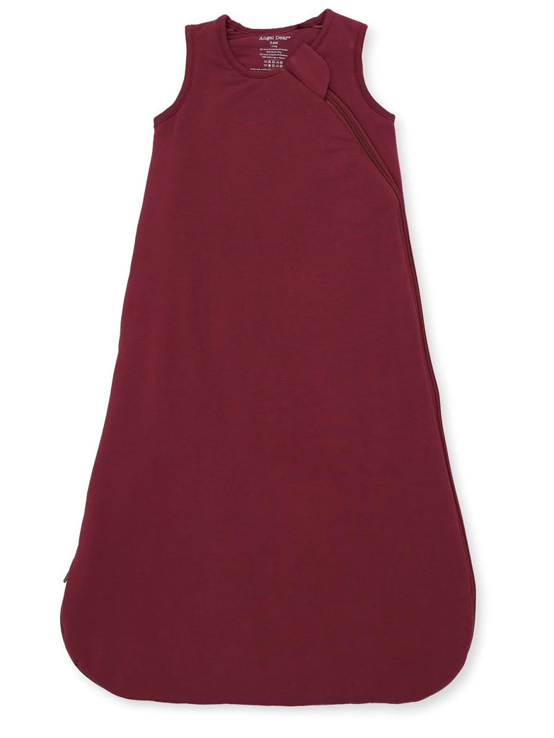 Burgundy sleeveless baby sleeping sack with a side zip closure for easy dressing.