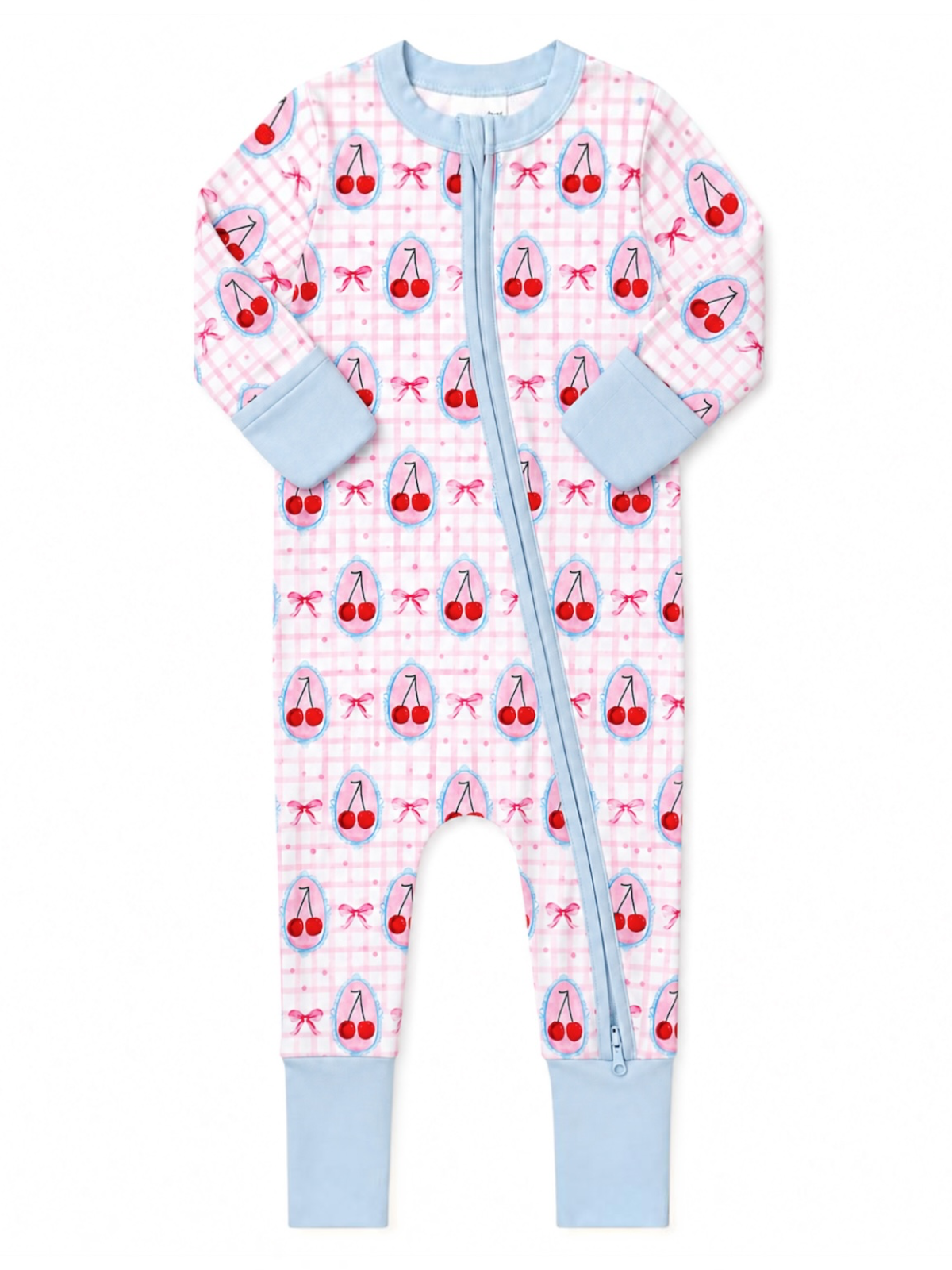 Baby onesie with cherry pattern on pink checkered background and blue cuffs, featuring a front zipper.