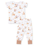 Children's pajama set featuring whimsical woodland animals, pumpkins, and mushrooms in warm autumn colors.