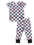 Kids' black and white checkered pajama set with "Mom" and "Dad" heart graphics. Short sleeve top and long pants.