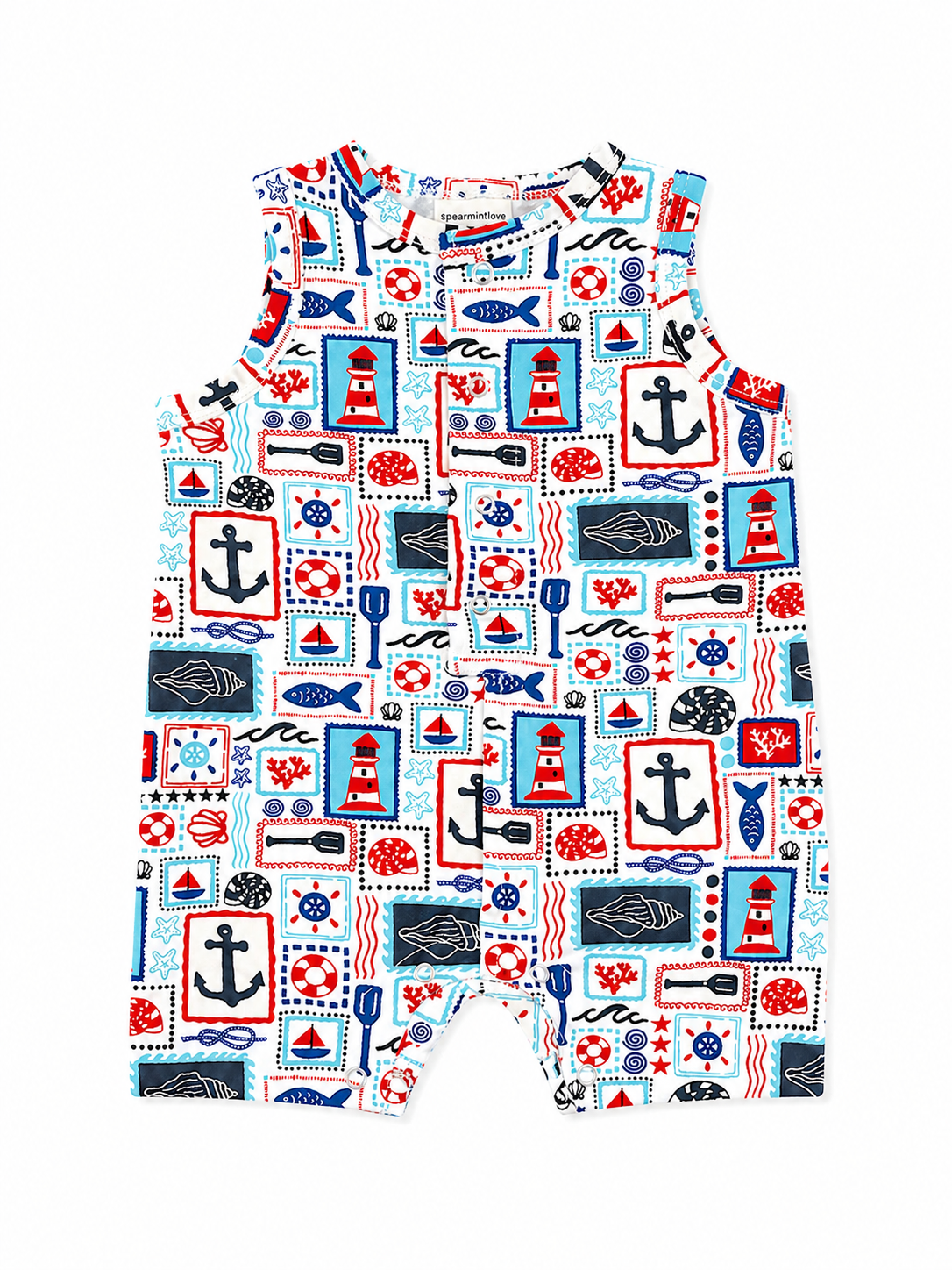 Sleeveless baby romper featuring a colorful nautical print with anchors, lighthouses, and sea life motifs.