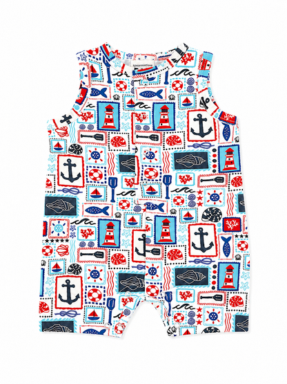 Sleeveless baby romper featuring a colorful nautical print with anchors, lighthouses, and sea life motifs.
