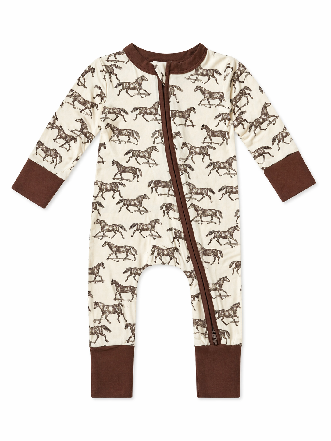 Brown horse-print onesie with long sleeves and a zipper running down the front.
