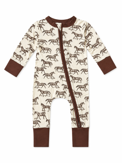 Brown horse-print onesie with long sleeves and a zipper running down the front.