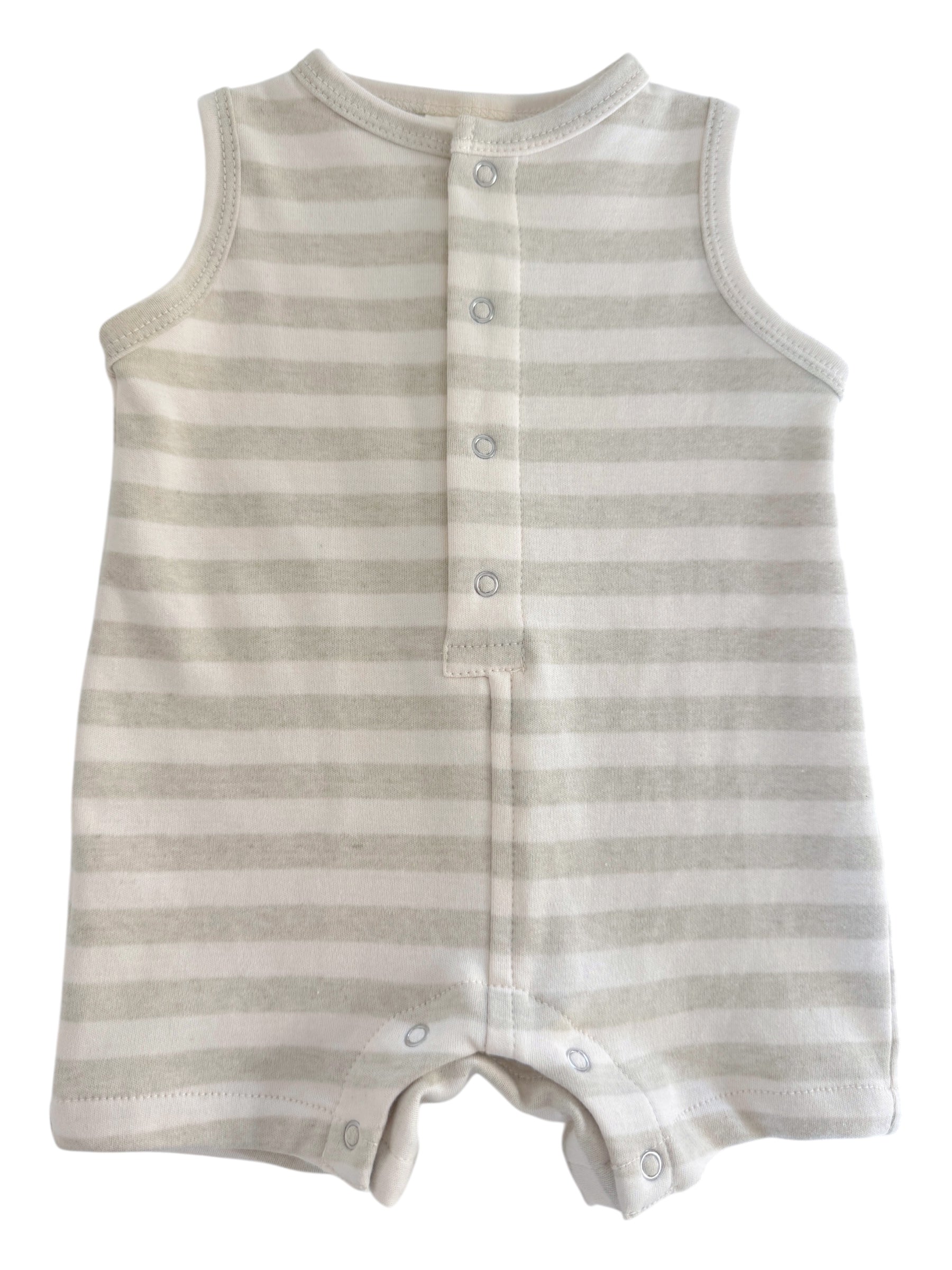 Light gray and white striped baby onesie with snap buttons, sleeveless design, and a casual style.